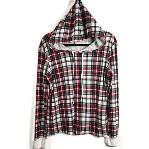 Victoria’s Secret Plaid Hooded Thermal Top Womens Medium Red Black Long Sleeve